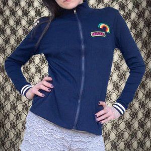 track jacket navy blue with white striped cuffs and patches juniors large